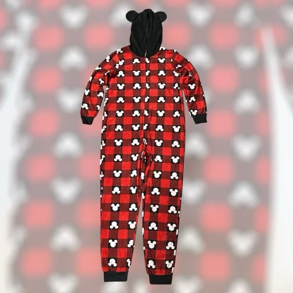 Disney Mickey Mouse Red Plaid Fleece Hooded One Piece Pajamas Large - Picture 1 of 5